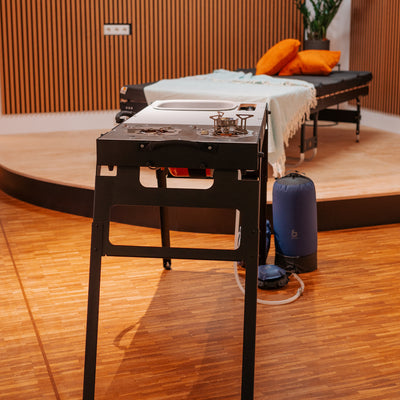 Camping kitchen is available for testing in a showroom.