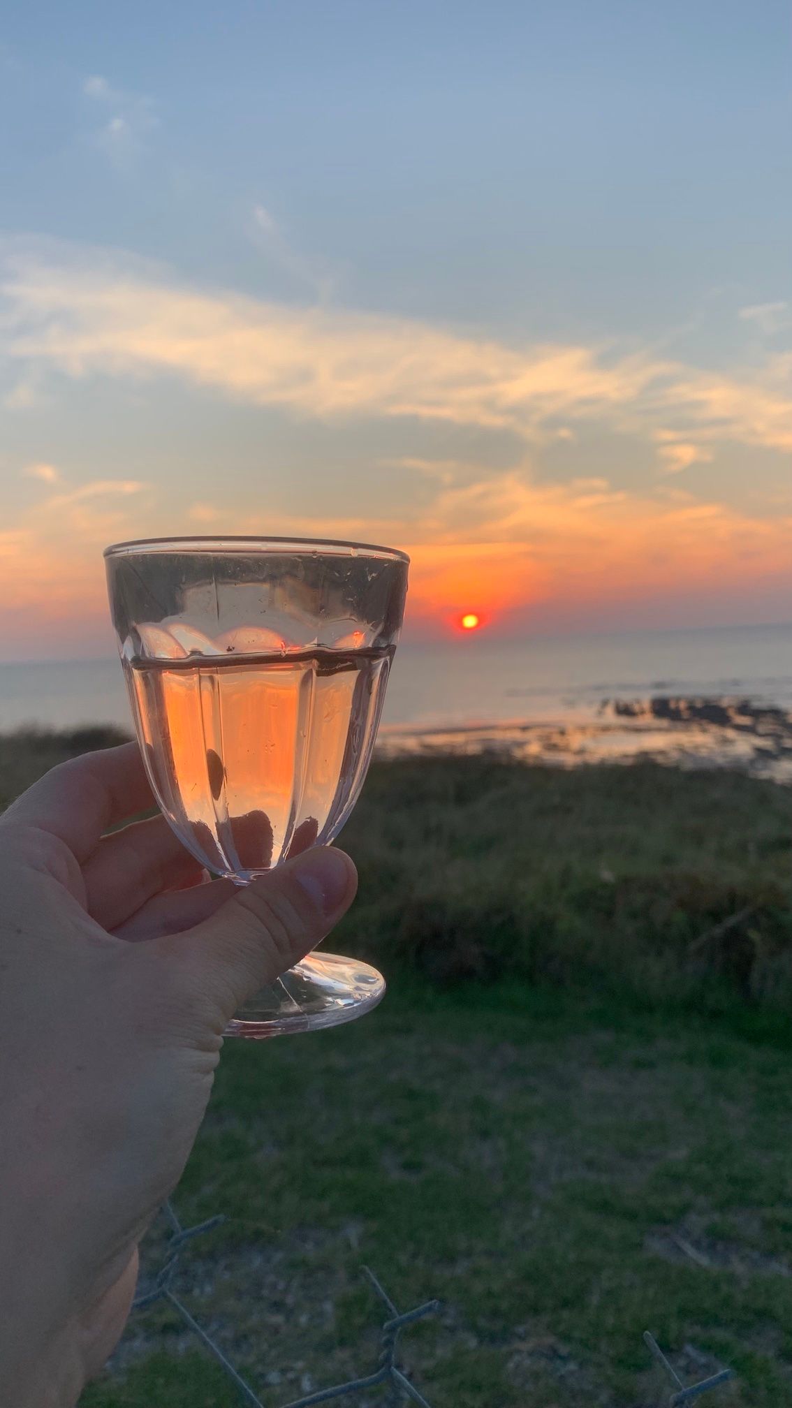Hand mit Weinglas vorm Sonnenuntergang, Farben spiegeln sich im Wein.