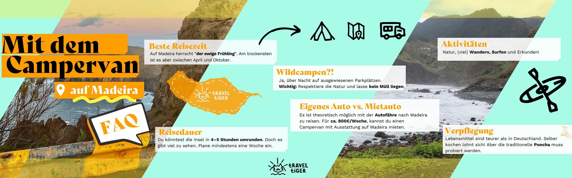 Eine Infografik, die sechs FAQs zu Camping auf Madeira beantwortet.
