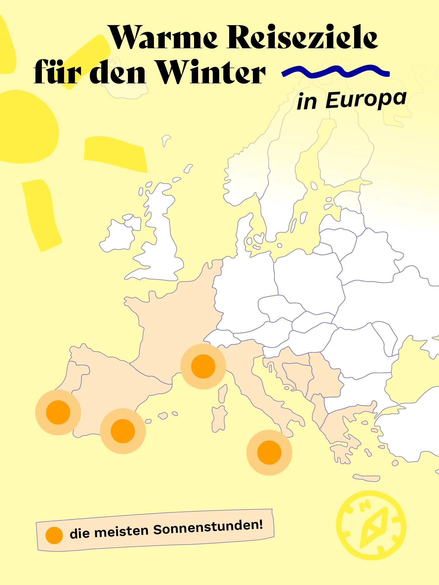 Eine Karte von Europa mit markierten warmen Orten für Camping im Winter.