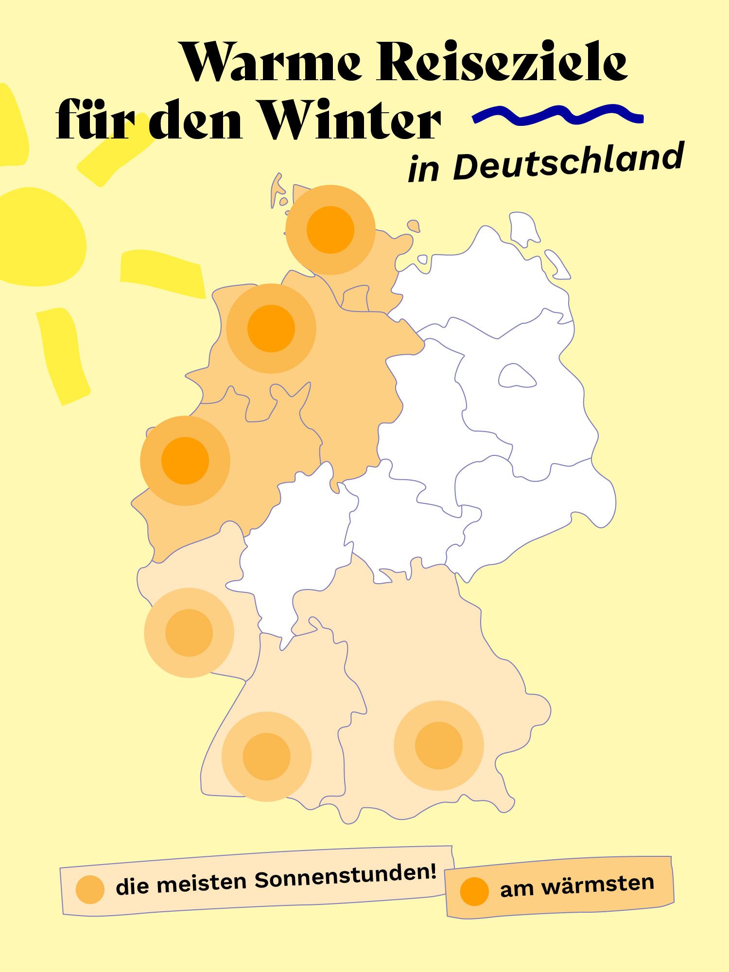 Karte von Deutschland mit markierten, warmen Reisezielen im Westen und Süden.