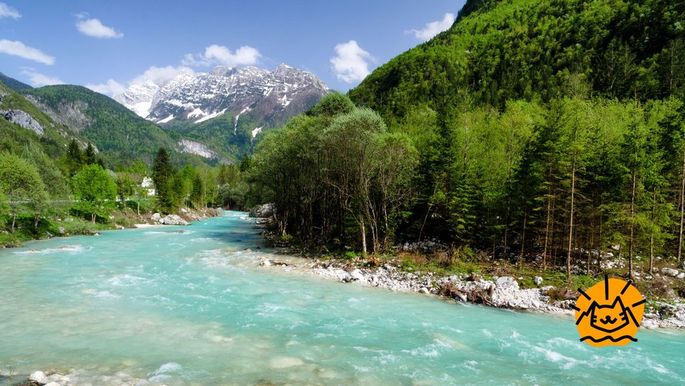 Der türkisfarbene Fluss Soca mit Wäldern und Bergpanorama.