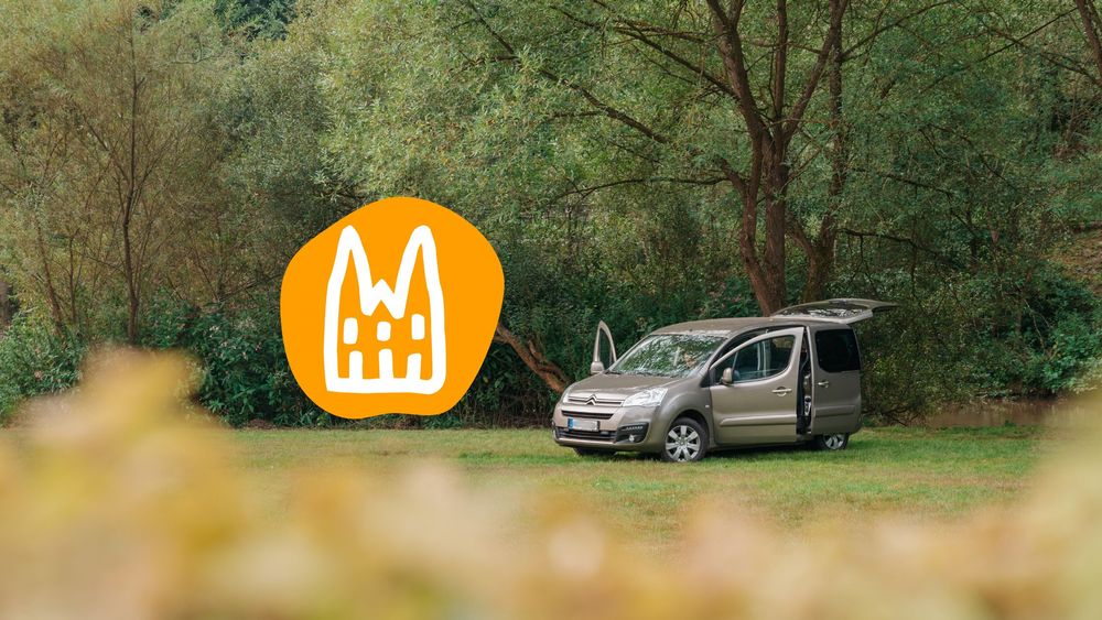 Berlingo Camper steht auf einer grünen Wiese am Waldrand.