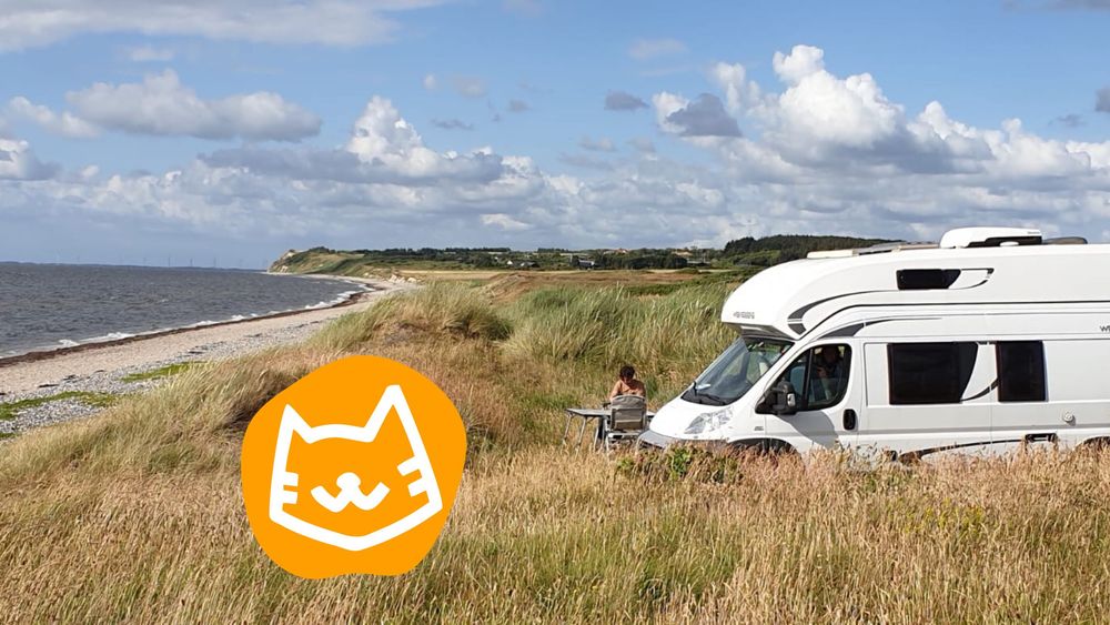 Wohnmobil steht in den Dünen am Meer.