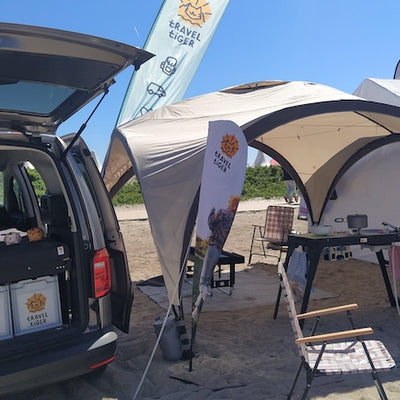 travel tiger exhibition stand on the beach.